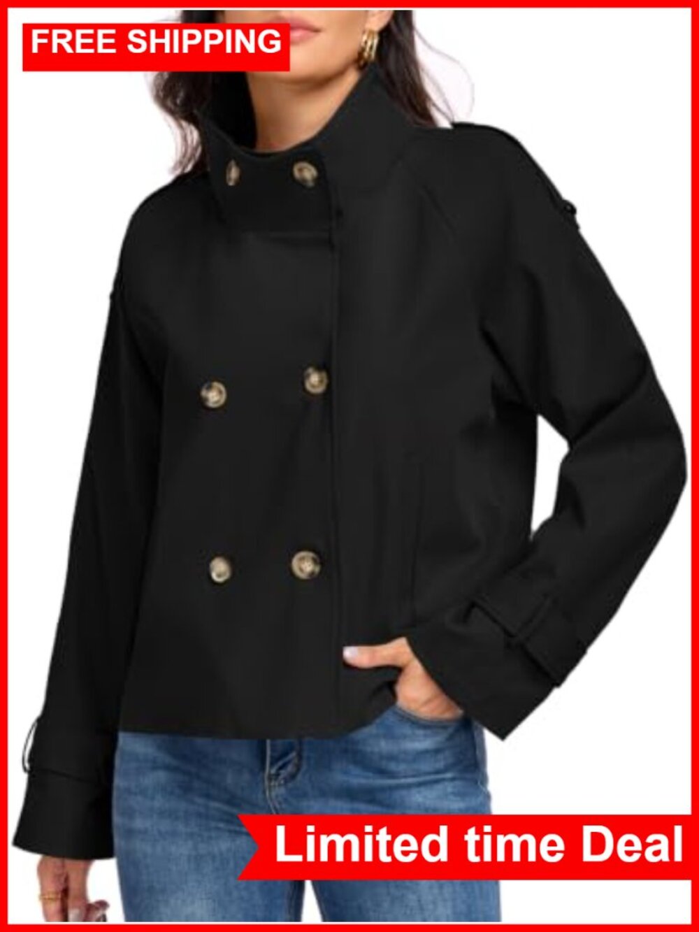 Womens Cropped Trench Coat Funnel Neck Double Breasted Fall Jacket
